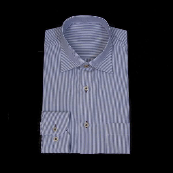 ネイビー/ホワイトのストライプ柄 セミワイドカラー　レギュラー　角落ち（カットオフ）のオーダーシャツ