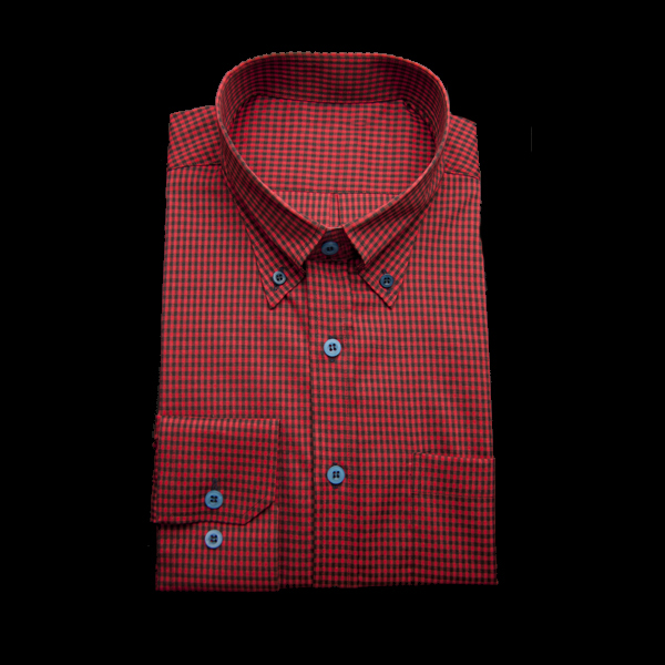 レッド　/ ブラックのチェック柄 ボタンダウンカラーレギュラー　角落ち（カットオフ）のワイシャツ