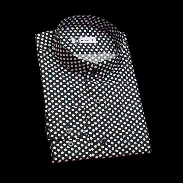 ブラック / ホワイトの特殊柄 スタンドカラーレギュラー　角落ち（カットオフ）のワイシャツ