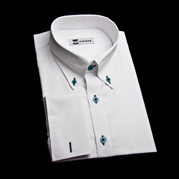 ホワイトの特殊柄 ボタンダウンカラーダブルカフス（フレンチカフス）のワイシャツ