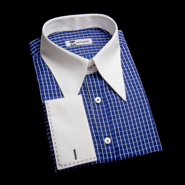 ステッチ入りダブルカフスのロングポイントカラーシャツ チェック柄ブルー オーダーシャツデザイン例