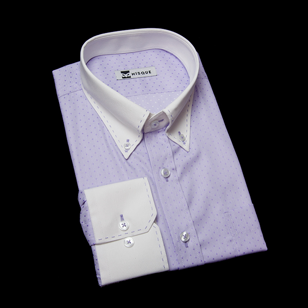 明るめ紫の特殊柄 ボタンダウンカラーレギュラー　角落ち（カットオフ）のワイシャツ