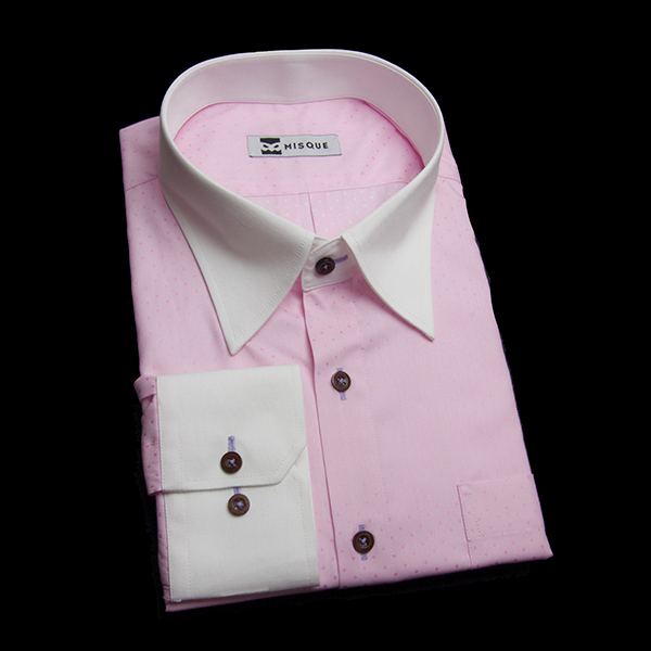 明るめピンクの特殊柄 スナップダウンカラーコンバーチブルカフス　角落ち（カットオフ）のワイシャツ