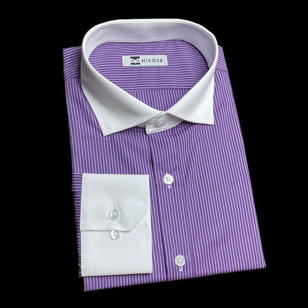 パープルのストライプ柄 ワイドカラー　レギュラー　角落ち（カットオフ）のオーダーシャツ