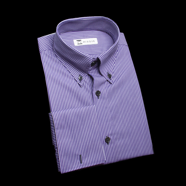 濃いめ紫のストライプ柄 ボタンダウンカラーダブルカフス（フレンチカフス）のワイシャツ