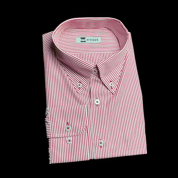 レッドのストライプ柄 ボタンダウンカラー　レギュラー　角落ち（カットオフ）のオーダーシャツ