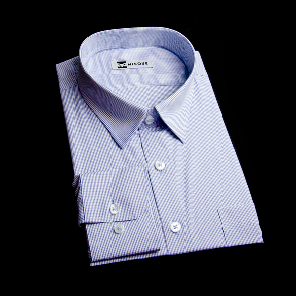 ホワイト / ブルーのチェック柄 ショートポイントカラーレギュラー　角落ち（カットオフ）のワイシャツ