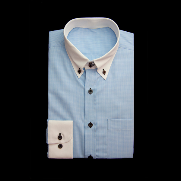 ブルーのチェック柄 ボタンダウンカラー　ドゥエボットーニ　　レギュラー　ラウンドのオーダーシャツ