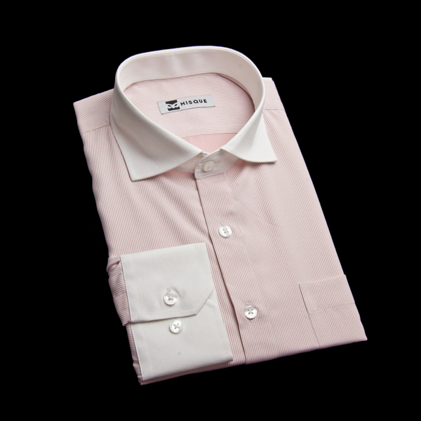 ピンクのストライプ柄 ワイドカラーコンバーチブルカフス　角落ち（カットオフ）のワイシャツ