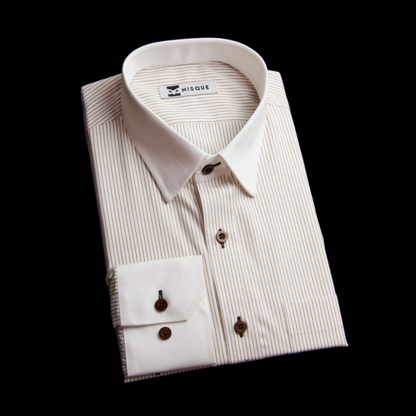 ブラウンのストライプ柄 ショートポイントカラー　レギュラー　角落ち（カットオフ）のオーダーシャツ