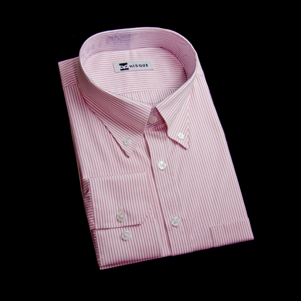 レッドのストライプ柄 ボタンダウンカラー　レギュラー　角落ち（カットオフ）のオーダーシャツ