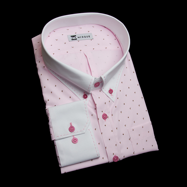 ピンクの特殊柄 ボタンダウンカラーコンバーチブルカフス　角落ち（カットオフ）のワイシャツ