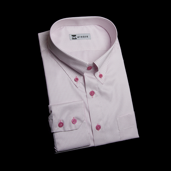 ピンクの特殊柄 ボタンダウンカラーレギュラー　ツーボタン　角落ち（カットオフ）のワイシャツ