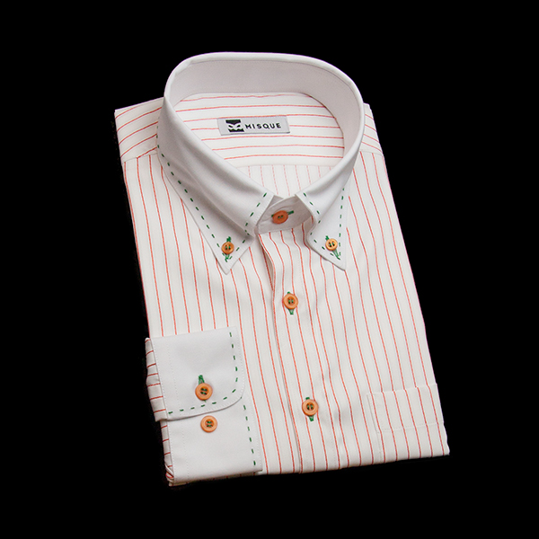 ホワイト/レッドのストライプ柄 ボタンダウンカラー　レギュラー　ラウンドのオーダーシャツ