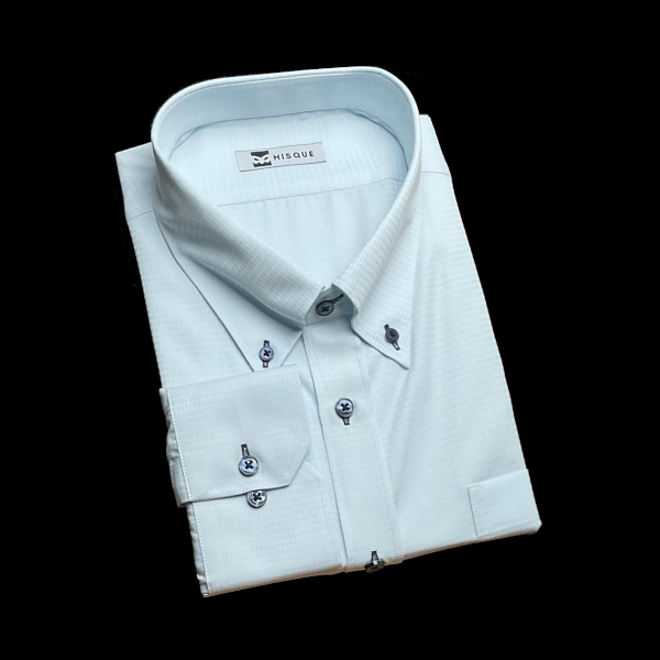 薄ブルーの特殊柄 ボタンダウンカラー　レギュラー　角落ち（カットオフ）のオーダーシャツ