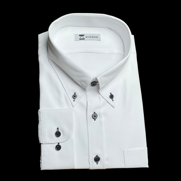 ホワイトの無地柄 ボタンダウンカラー　コンバーチブルカフス　ラウンドのオーダーシャツ