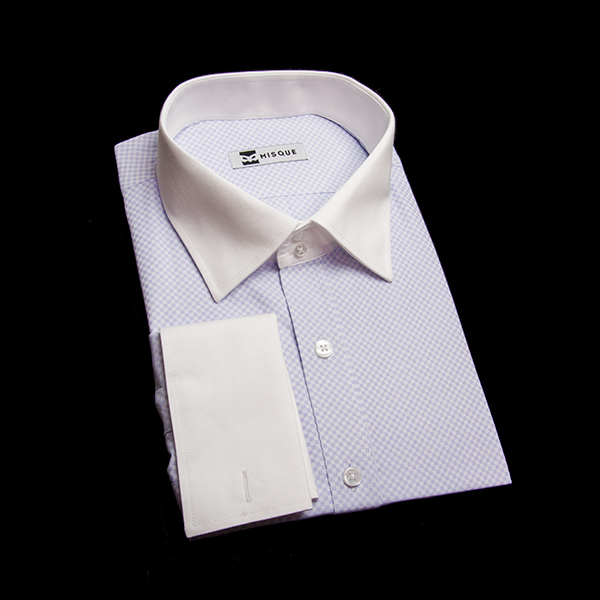 パープルのチェック柄 セミワイドカラー　ドゥエボットーニダブルカフス（フレンチカフス）のワイシャツ