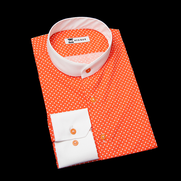 オレンジの特殊柄 スタンドカラーレギュラー　角落ち（カットオフ）のワイシャツ