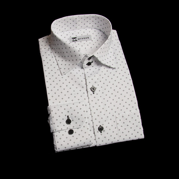 ホワイトの特殊柄 セミワイドカラー　ドゥエボットーニレギュラー　角落ち（カットオフ）のワイシャツ