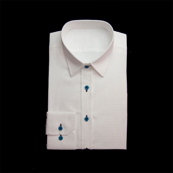 ホワイトの特殊柄 ショートポイントカラーコンバーチブルカフス　角落ち（カットオフ）のワイシャツ