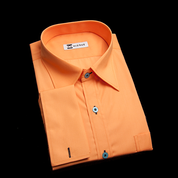 オレンジの無地柄 レギュラーカラーダブルカフス（フレンチカフス）のワイシャツ