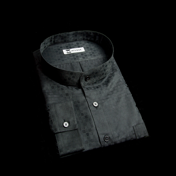 ブラックの特殊柄 スタンドカラーレギュラー　スクエアのワイシャツ