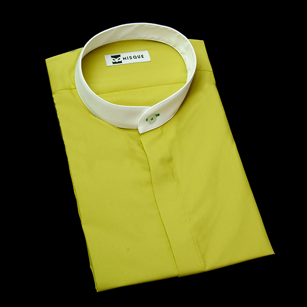 シトロングリーンの無地柄 スタンドカラー　半袖のオーダーシャツ