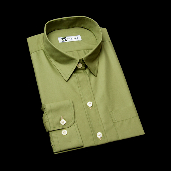 モスグリーンのショートポイントカラーシャツ| オーダーシャツデザイン例