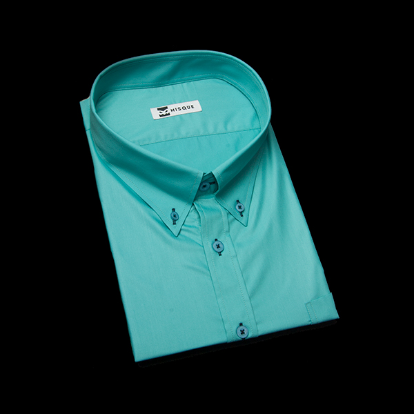 エメラルドグリーンの無地柄 ボタンダウンカラー半袖のワイシャツ