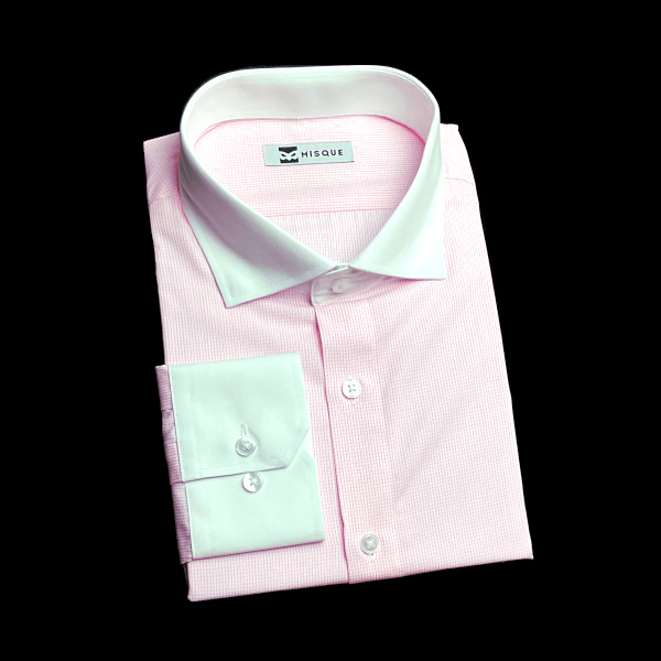 ホワイト / ピンクのチェック柄 ワイドカラー　レギュラー　角落ち（カットオフ）のオーダーシャツ